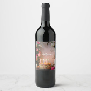 Birthday Cake with Lit Candles and Custom Name Wine Label