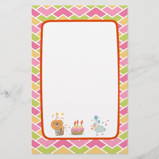 Birthday Cake with Party Lion and Balloon Sheep Stationery (Front)