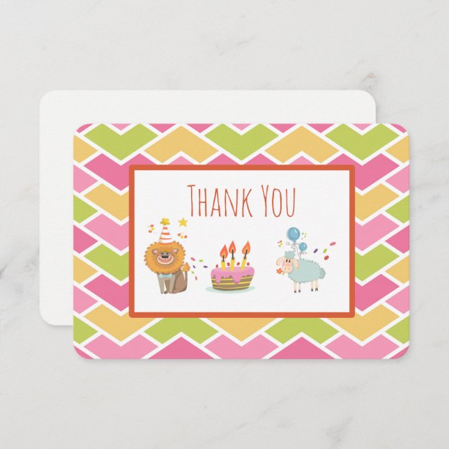 Birthday Cake with Party Lion and Sheep Thank You Invitation (Front/Back)