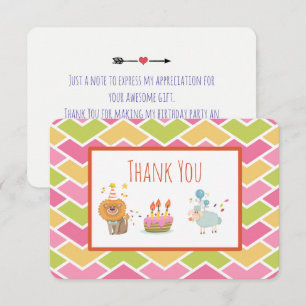 Birthday Cake with Party Lion and Sheep Thank You Invitation
