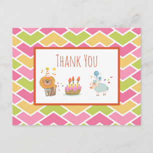 Birthday Cake with Party Lion and Sheep Thank You Postcard