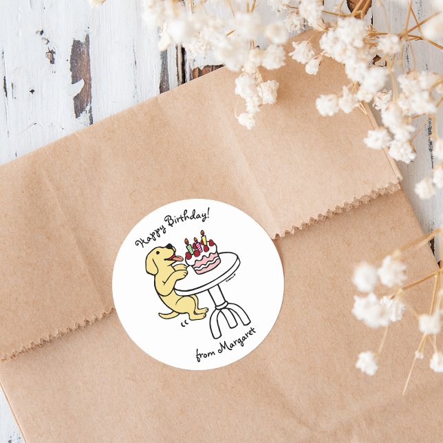 Birthday Cake Yellow Labrador Cartoon Plain Classic Round Sticker (Birthday Cake Yellow Labrador Stickers for celebrating Birthday.  Cute Yellow Lab Cartoon Design.)