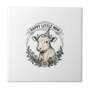 Birthday Calf Illustration Vintage Engraving Flora Ceramic Tile