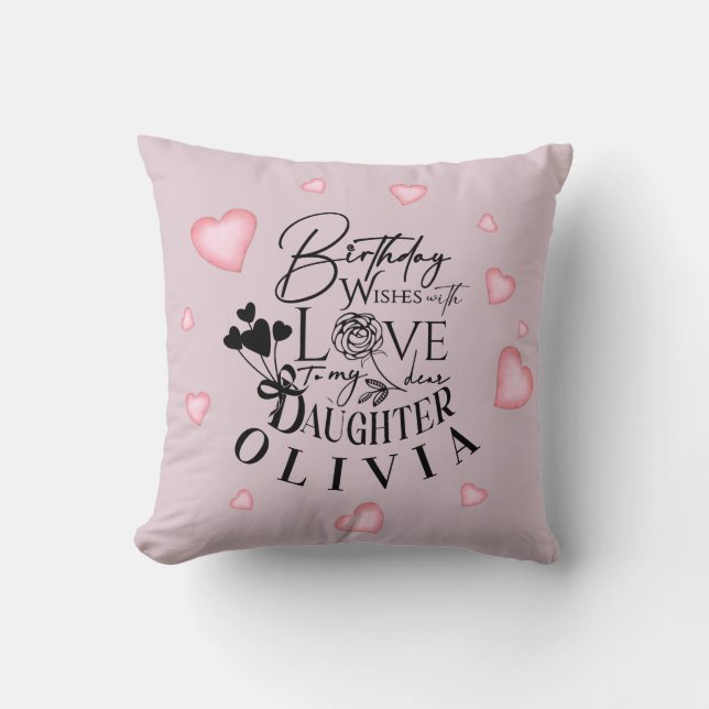 Birthday Calligraphy Custom Name Minimalist Hearts Cushion (Front)