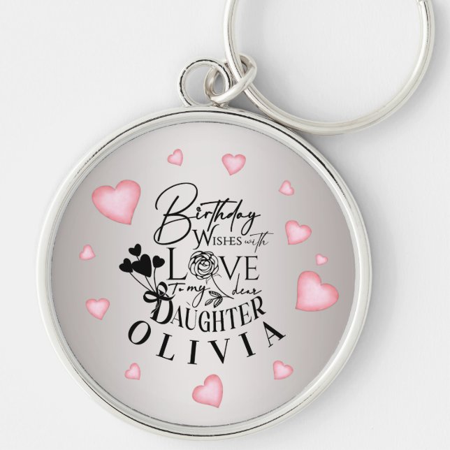 Birthday Calligraphy Custom Name Minimalist Hearts Key Ring (Front)