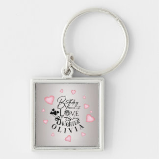 Birthday Calligraphy Custom Name Minimalist Hearts Key Ring