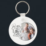 Birthday Calligraphy Photo Design For Son In Law Key Ring<br><div class="desc">This fully customizable birthday photo design for a son in law features a clean white background with a circular photo frame and refined calligraphy typography, where flowing handwritten script emphasizes emotional words like love and wishes while balanced lettering completes the design, allowing you to add or replace photos, personalize names...</div>