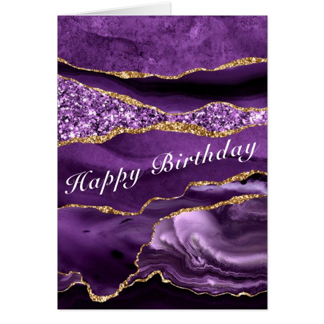 Birthday Card Agate Purple Gold Glitter Marble (Front)
