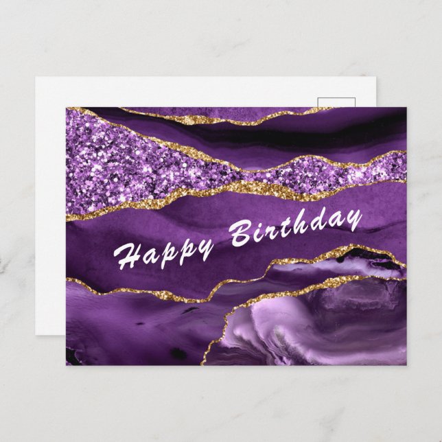 Birthday Card Agate Purple Violet Gold Glitter (Front/Back)