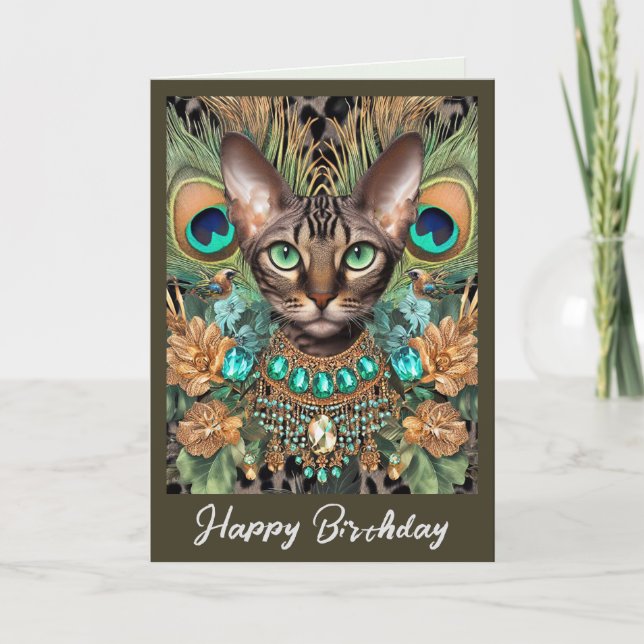 Birthday Card | Bengal Cat Tiger Peacock Feathers (Front)