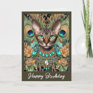 Birthday Card   Bengal Cat Tiger Peacock Feathers