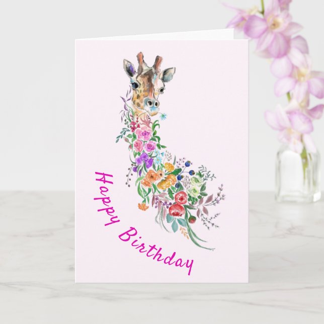 Birthday Card Colourful Flowers Bouquet Giraffe  (Orchid)