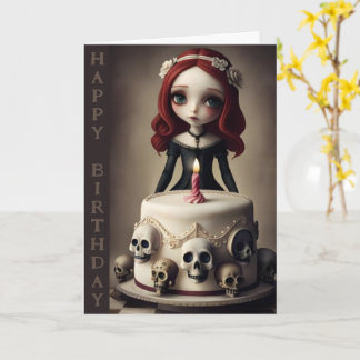 birthday card cute goth rock emo girl, cake, skull