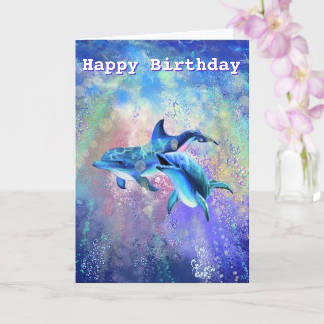 Birthday Card Dolphin Couple - Your Text (Orchid)