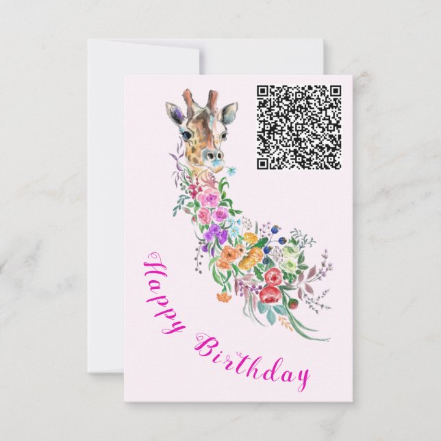Birthday Card Flowers Bouquet Giraffe QR Code Wish (Front)