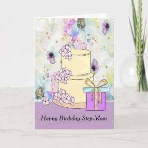 Birthday Card for Step-Mum with Cake & Present