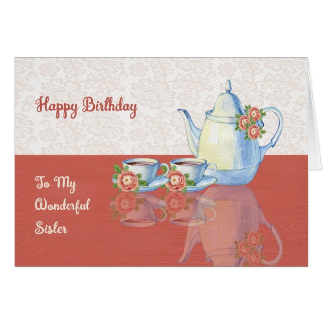 Birthday Card for Your Sister with a Tea Set (Front Horizontal)