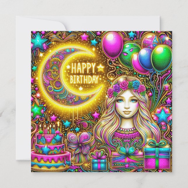 BIRTHDAY CARD ~ Girl With Fluorescent Hair ~ (Front)