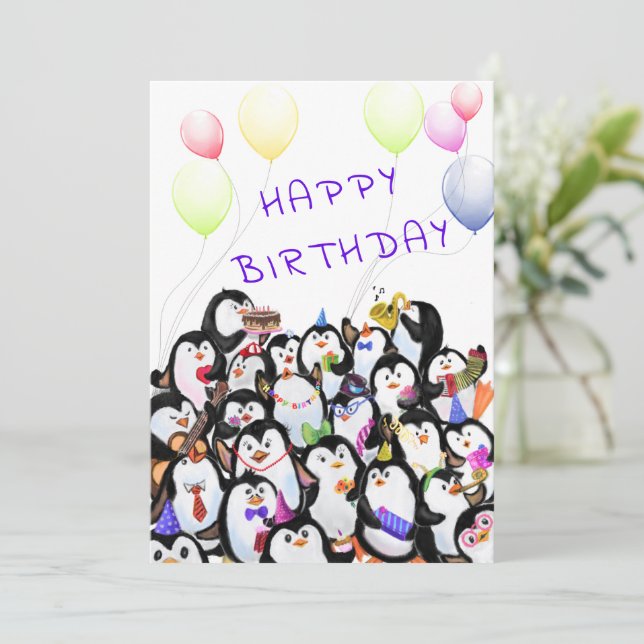 Birthday Card Happy Penguins Party (Standing Front)
