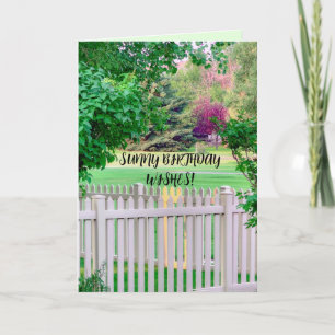   Birthday card has sun sunny fence garden