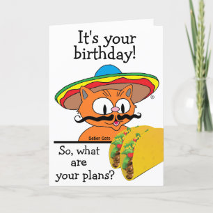 Birthday Card Humourous Cartoon Cat Tacos Pun