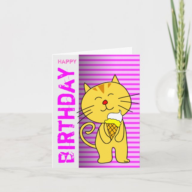 Birthday Card Ice Cream Cone Cat Pink (Front)