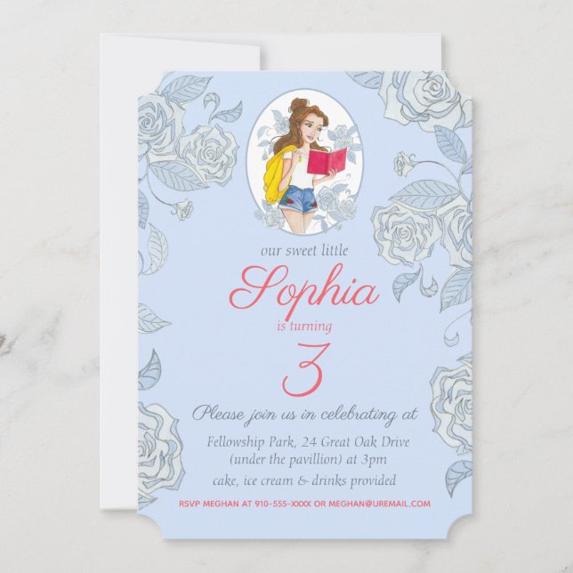 Birthday Card Invite, Princess Belle Blue Roses (Front)