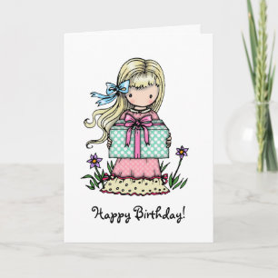 Birthday Card Little Girl Holding Present