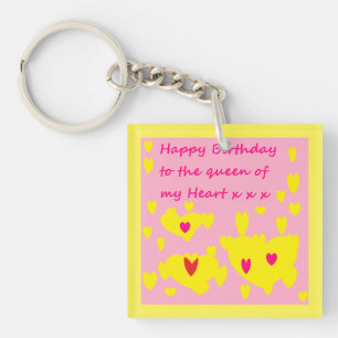 Birthday card pink and yellow with message on it key ring