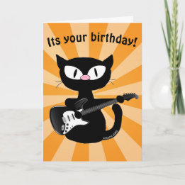 Birthday Card - Rocker Black Cartoon Cat w/ Guitar