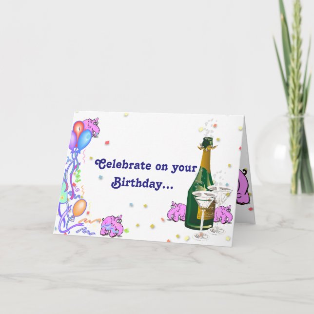 Birthday Card w/Pink Elephants Who Love to Party (Front)