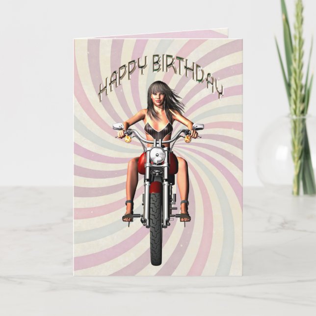 Birthday card with a motorbike girl (Front)