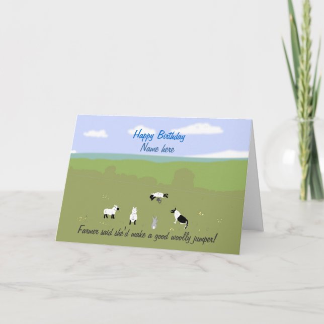 Birthday card with amusing sheep joke. Add name (Front)