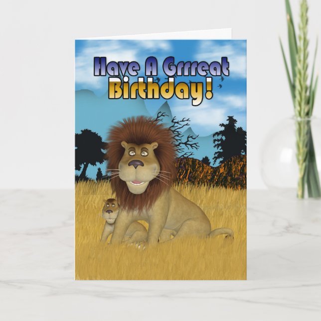 Birthday Card With Cartoon Lion And Cub (Front)