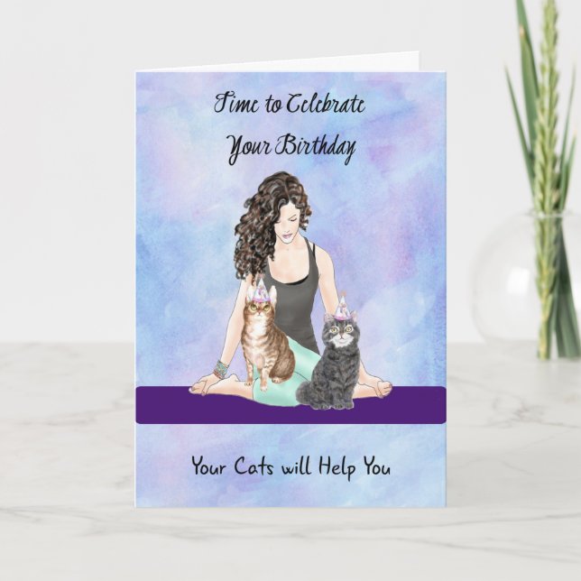 Birthday Card with Cats & Exercise Girl (Front)
