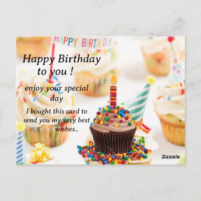 Birthday card with cupcake image and best wishes. (Back)