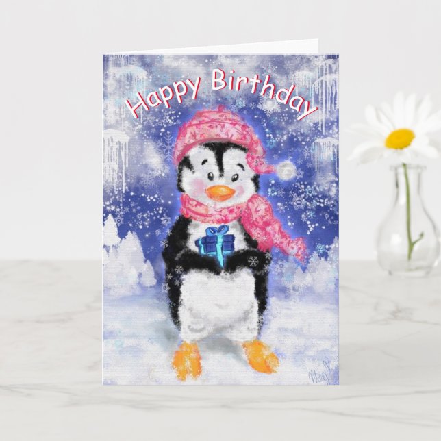 Birthday Card with Cute Penguin (Small Plant)