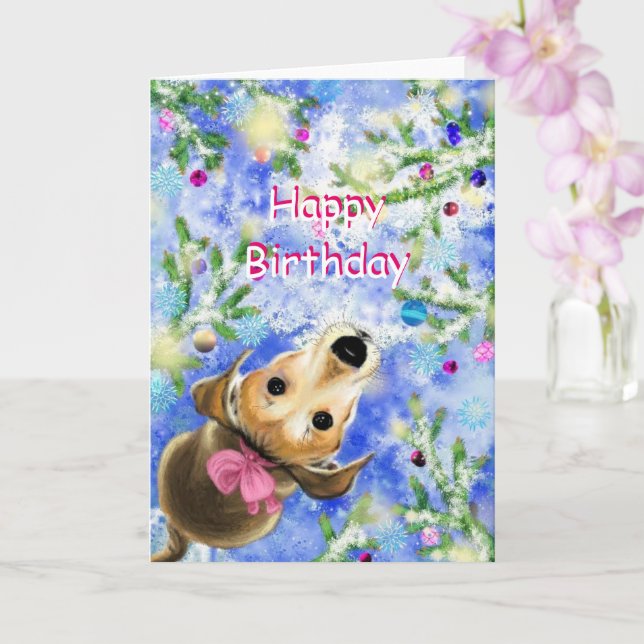 Birthday Card with Cute Pet Dog With Pink Ribbon (Orchid)