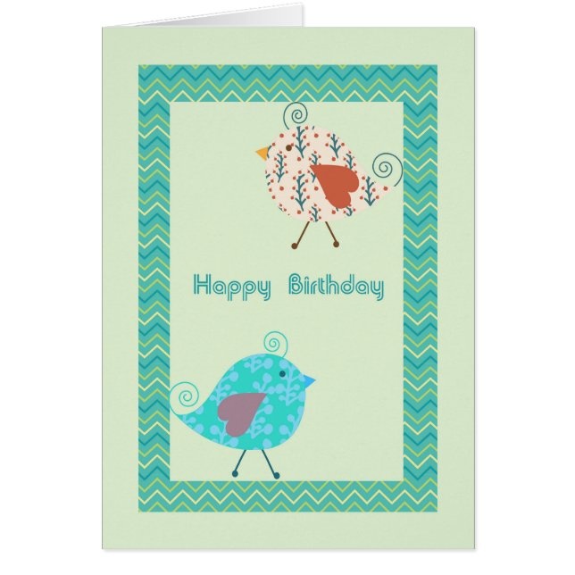 Birthday Card with Designer Birds in Green (Front)