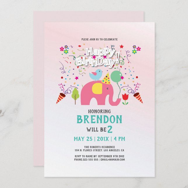 Birthday card with elephant and bird (Front/Back)