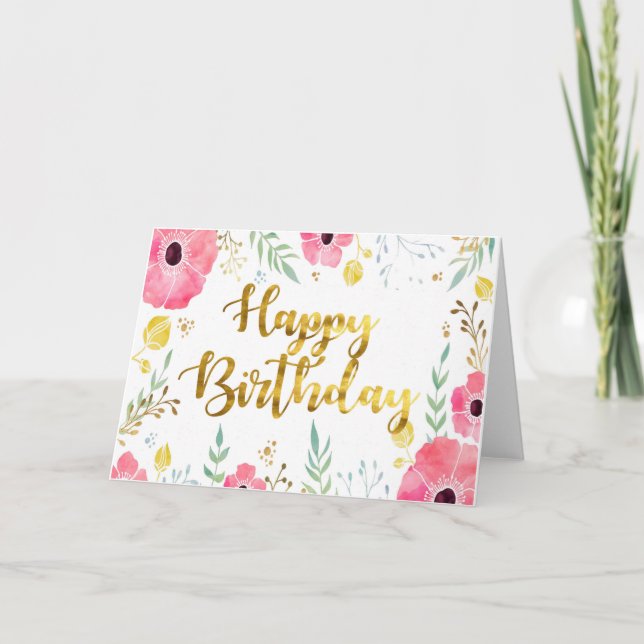 Birthday Card with gold foil font/Floral border (Front)
