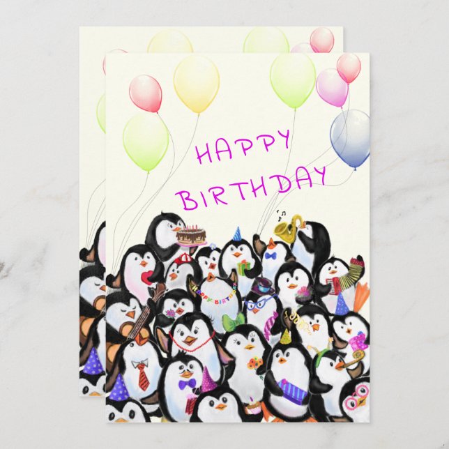 Birthday Card with Happy Penguins Party (Front/Back)