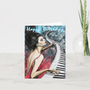 Birthday Card with Piano Lady in Red Dress