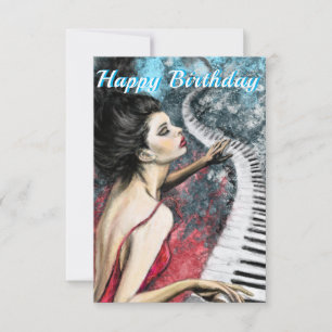 Birthday Card with Piano Music Lady in Red