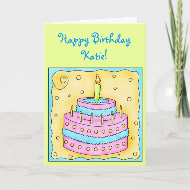 Birthday Card with Pink and Turquoise Cake (Front)