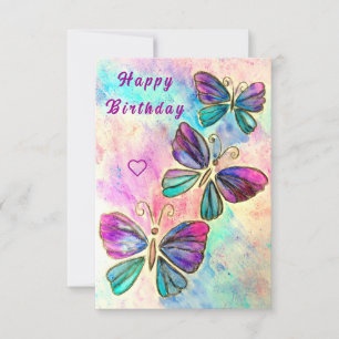 Birthday Card with Purple Pink Butterflies