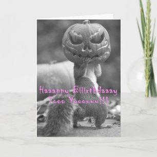 birthday card with squirrel wearing jack-o-lantern