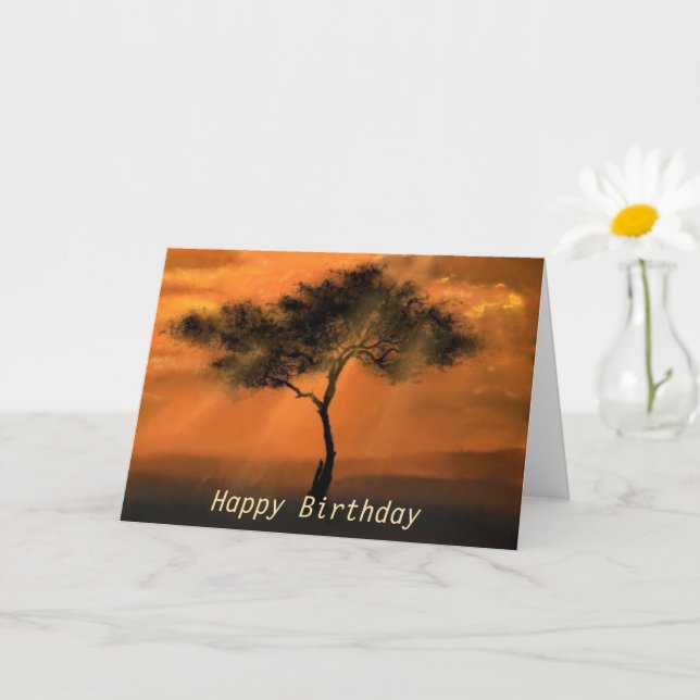 Birthday Card with Sunset Tree Sunbeams (Small Plant)