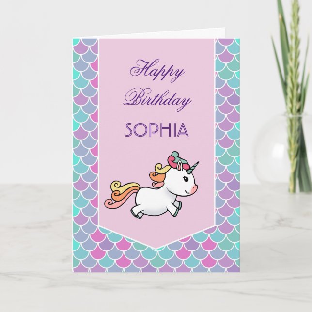Birthday card with unicorn and mermaid scales (Front)