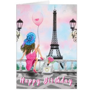 Birthday Card Woman with Pink Balloon In Paris